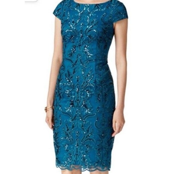 Adrianna Papell Sz 8 Teal Embroidered Sequined Knee-Length Evening Dress - Picture 1 of 16